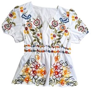 SHEIN White and Blue Puff Sleeve Peplum Blouse